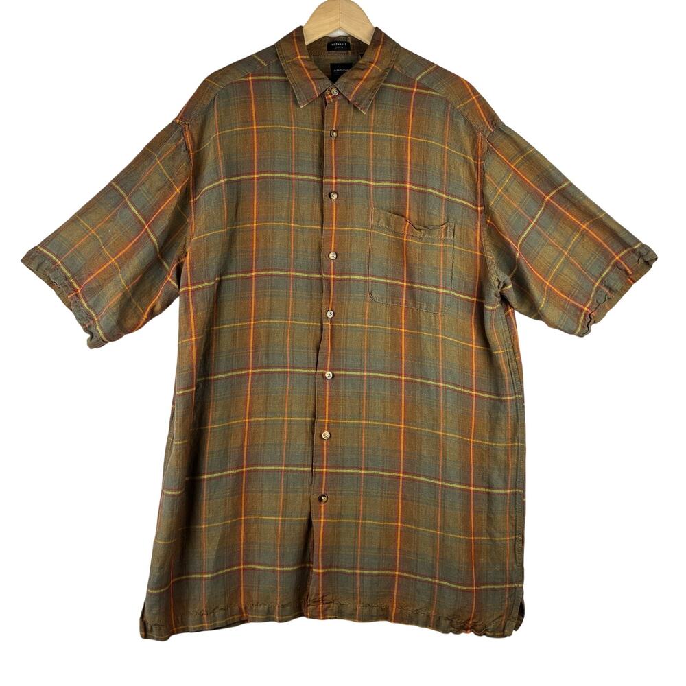 Arrow Washable Linen Blend Short Sleeve Button Down Shirt Men's Large Tall Plaid